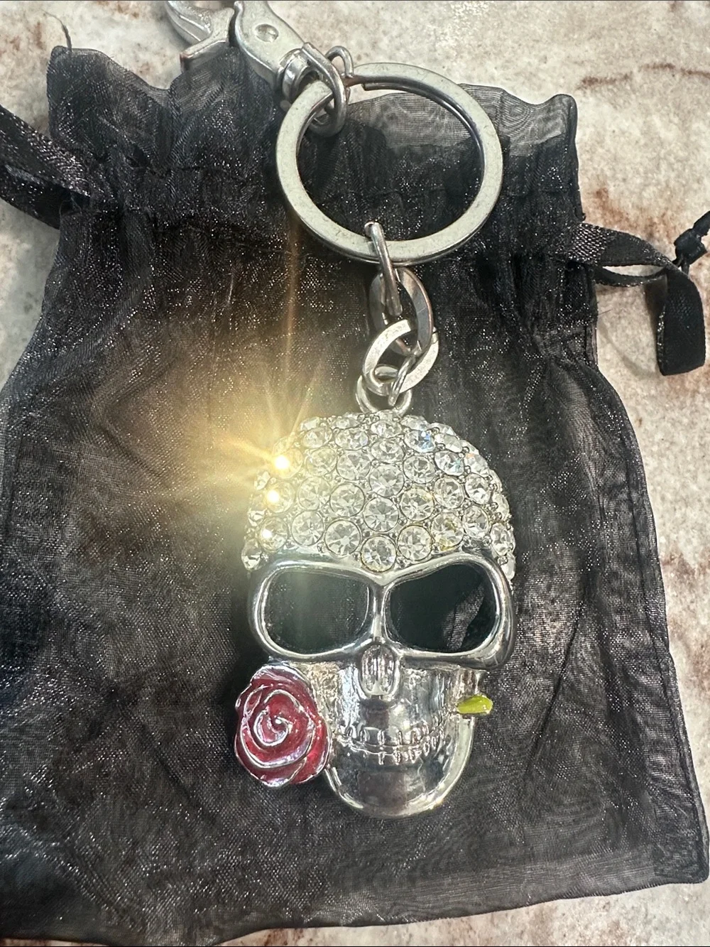 Crystal Skull Keychain with Red Rose Accent - Women Accessories